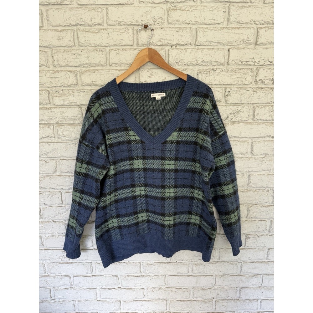 Aeropostale Women Plaid Oversized VNeck Cotton Sweater Navy Green Y2K Style Sz M